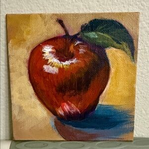 Hand-Painted Red Apple Canvas Miniature Canvas Painting 4”x 4”, oil and acrylic